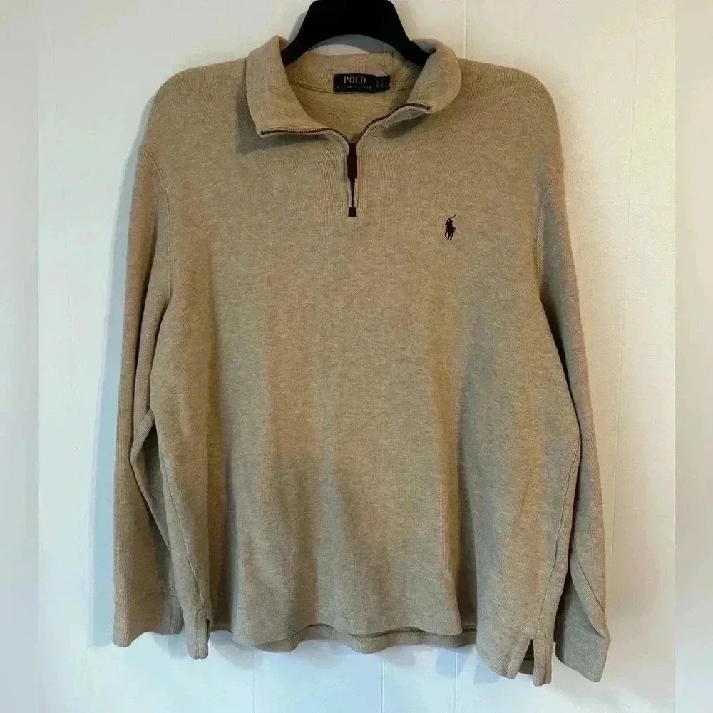Polo Ralph Lauren Mens‎ XL Tan Cotton Quarter Zip Pullover Sweater Heather Beige